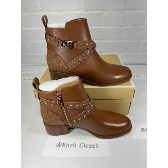 Michael Kors boots kincaid ankle boot leather studded logo boot luggage Size 7.5 - Picture 3 of 12